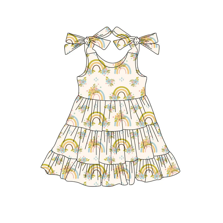 Preorder (moq 5)Baby Girls Strap Yellow Rainbows Floral Knee Length Dresses 4.24