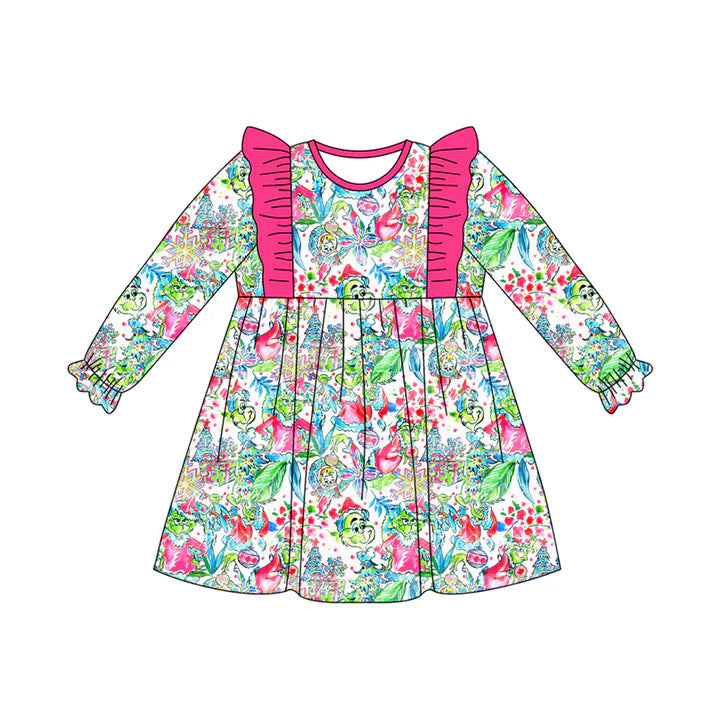 Preorder (moq 5)Baby Girls Green Face Floral Christmas Knee Length Dress 8.1