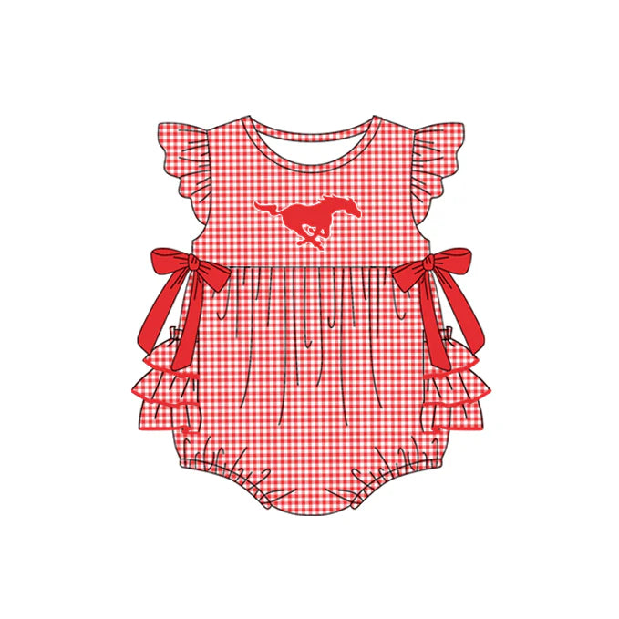 Preorder moq 5 Baby Girls Red Plaid Flutter Sleeves Bows Horses Team Rompers 7.10