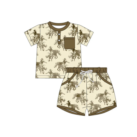 Preorder(moq 5) Baby Boys Horse Rodeos Button Top Pocket Shorts Western Clothes Sets 10.28