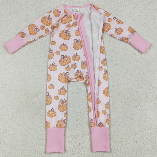 Baby Girls Rompers Long Sleeves Pink Bows Pumpkins Footie Zipper Rompers LR2271 7.9