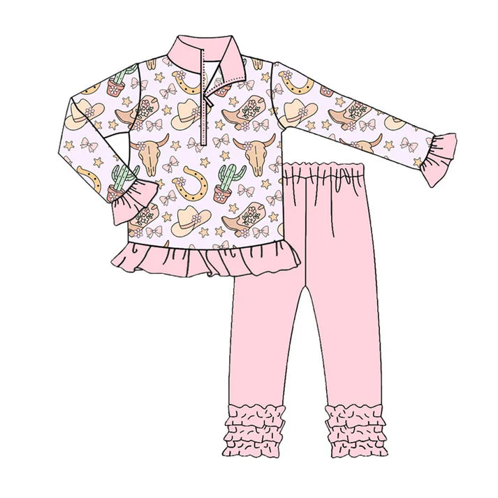 Preorder (moq 8)Baby Girls Pink Bull Skulls Hats Zipper Pullover Ruffle Legging Pants Clothes Set 9.8