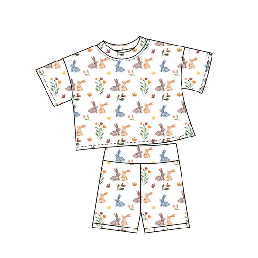 Preorder (moq 5)Baby Girls Colorful Rabbits Flowers Top Shorts Easter Clothes Sets 12.6
