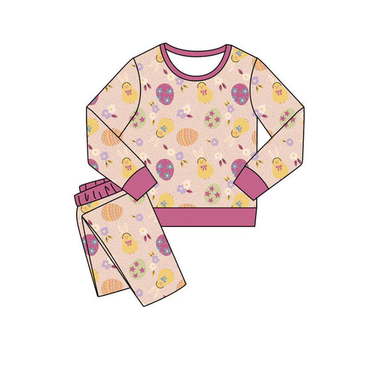 Preorder(moq 5) Baby Girls Long Sleeve Rabbit Chicks Flowers Top Pants Easter Pajamas Sets 11.12