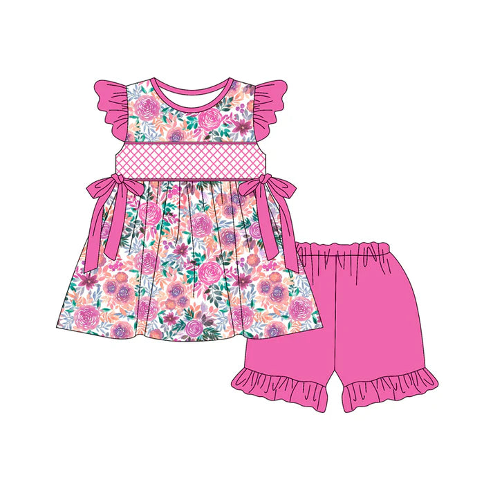 Preorder (moq 5)Baby Girls Hot Pink Flutter Sleeves Floral Bows Tunic Ruffle Short Set 4.26