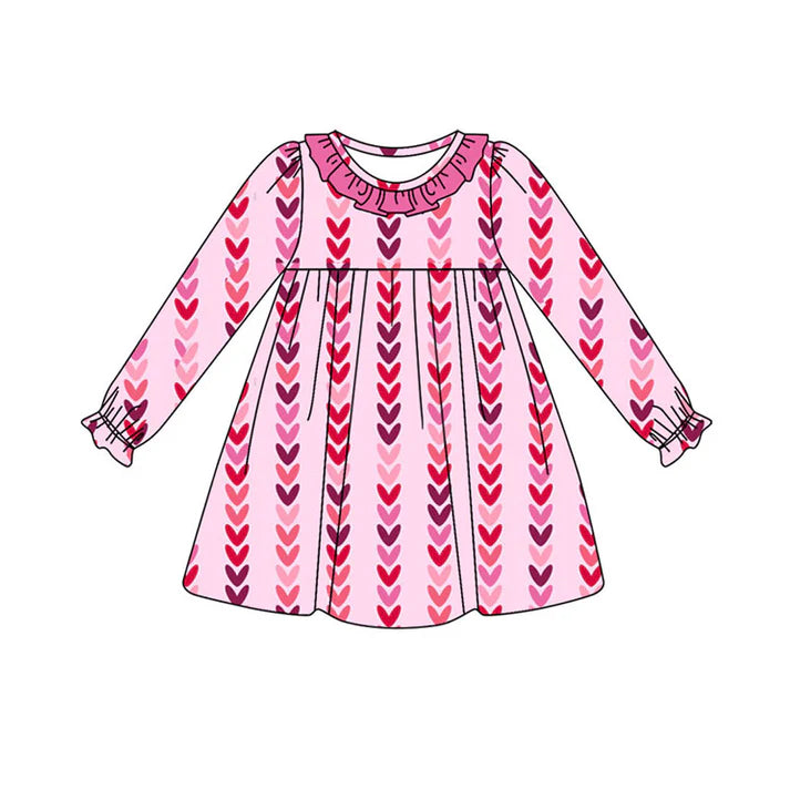 Preorder (moq 8)Baby Girls Long Ruffle Sleeve Hearts Stripe Valentine Knee Length Dresses 9.19