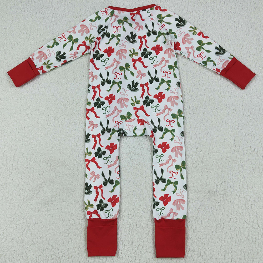 Baby Girls Rompers Christmas Red Green Bows Zipper Footie Rompers LR2203 6.24