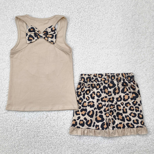 Embroidery Baby Girls Clothes Khaki Bow Vest Top Leopard Ruffle Shorts Sets GSSO1603 4.22