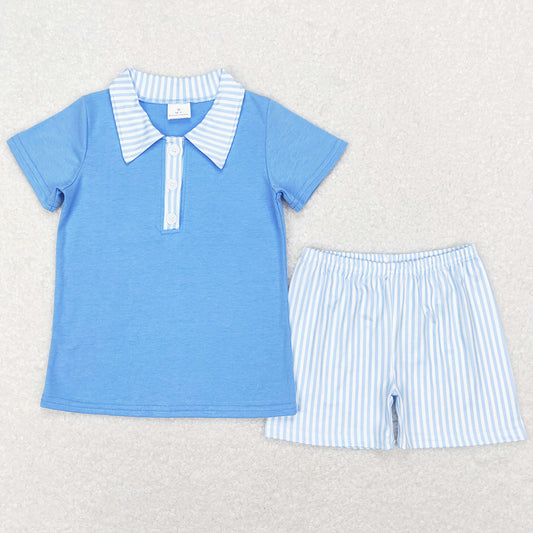 Baby Boys Clothes Blue Buttons Top Blue Stripes Shorts Sets BSSO0402