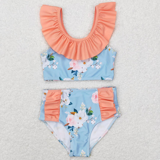 Baby Girls Swimsuit Blue Flowers Sleeveless Ruffle Top 2pcs Swimsuits S0179