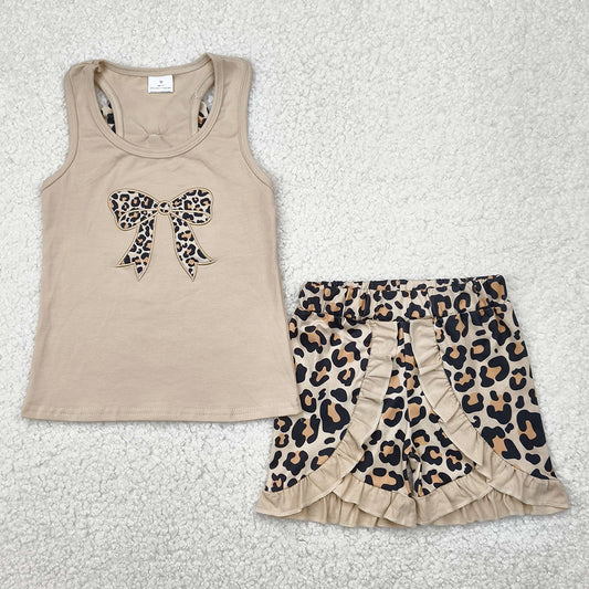 Embroidery Baby Girls Clothes Khaki Bow Vest Top Leopard Ruffle Shorts Sets GSSO1603 4.22