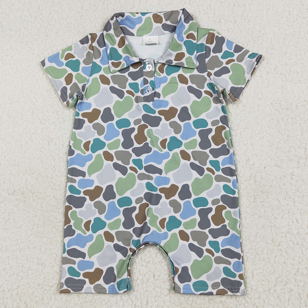 Baby Infant Boys Rompers Short Sleeves Blue Camo Button Rompers SR2980 6.19