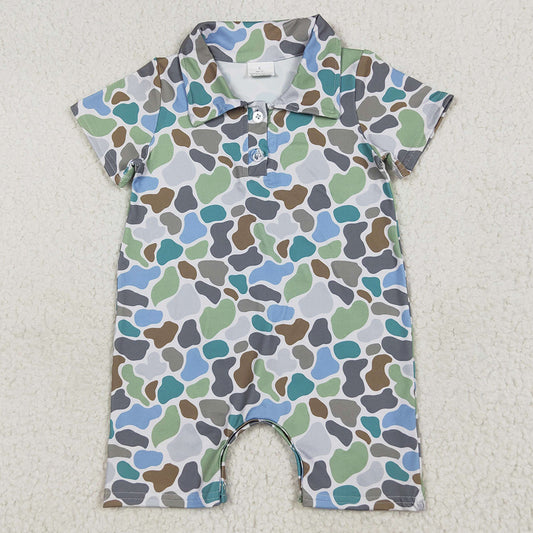 Baby Infant Boys Rompers Short Sleeves Blue Camo Button Rompers SR2980 6.19