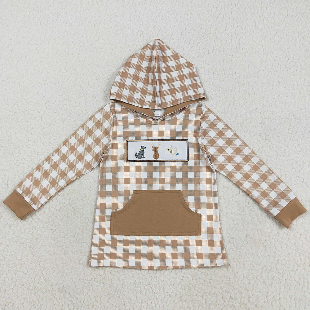 Baby Boys Clothes Tops Khaki Plaid Embroidery Dogs Deer Ducks Pocket Western Hoodies Top BT1285 8.9