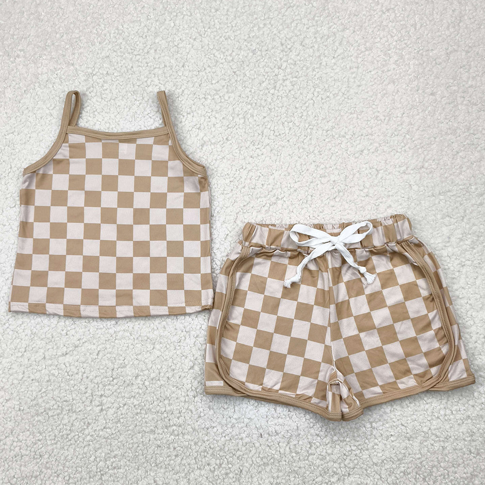 Baby Girls Clothes Brown Strap Plaid Top Shorts Sport Sets GSSO2335 4.28