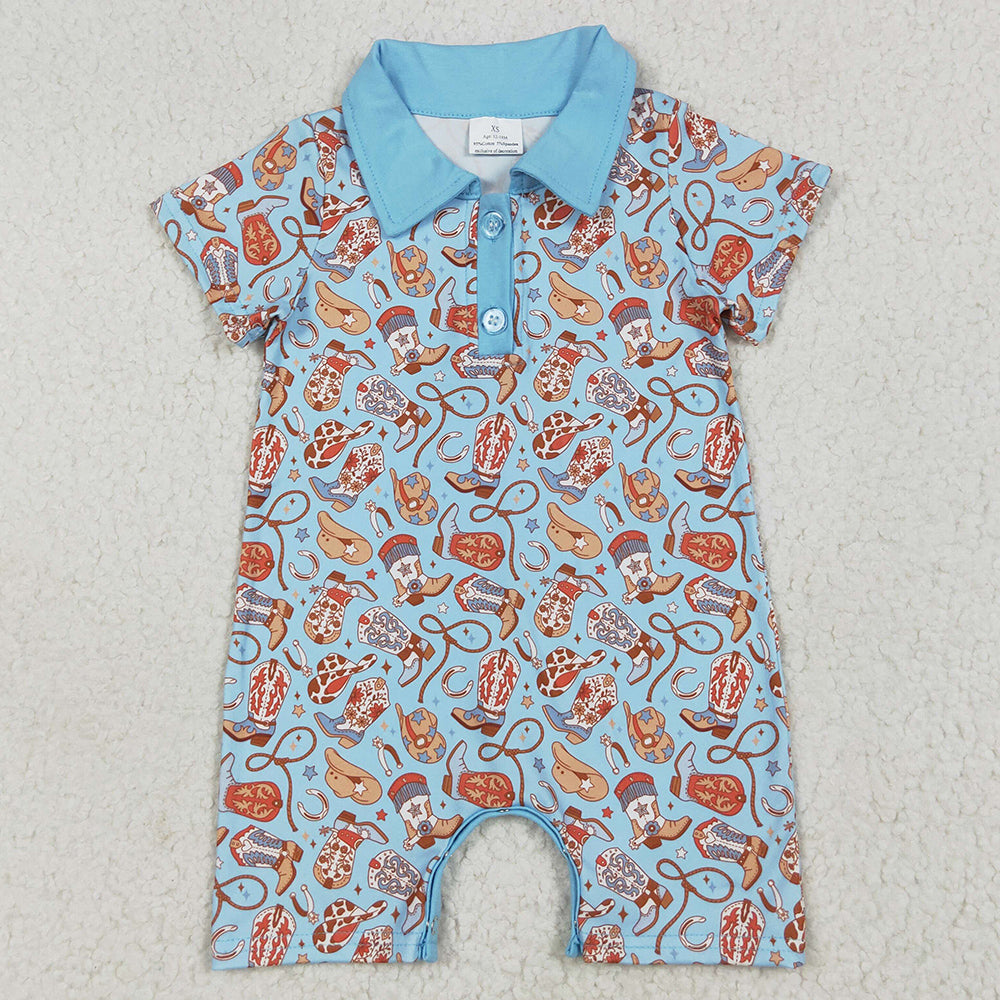 Baby Kids Rompers Blue Short Sleeves Western Boots Hats Button Rompers SR3128 6.25