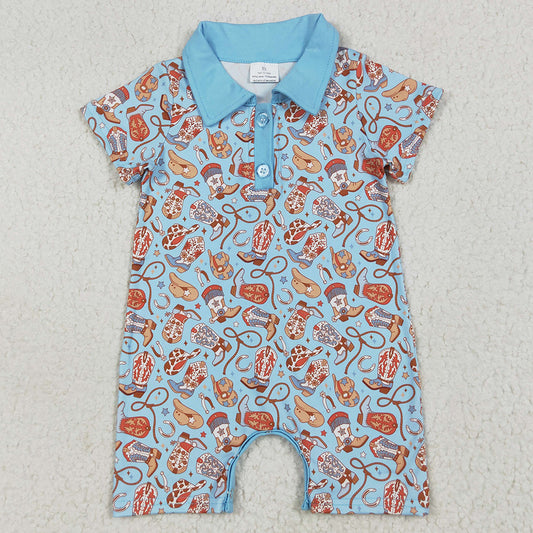 Baby Kids Rompers Blue Short Sleeves Western Boots Hats Button Rompers SR3128 6.25