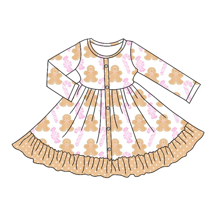Preorder moq 5 Baby Girls Long Sleeves Gingerbread Candy Button Ruffle Knee Length Dresses 5.7
