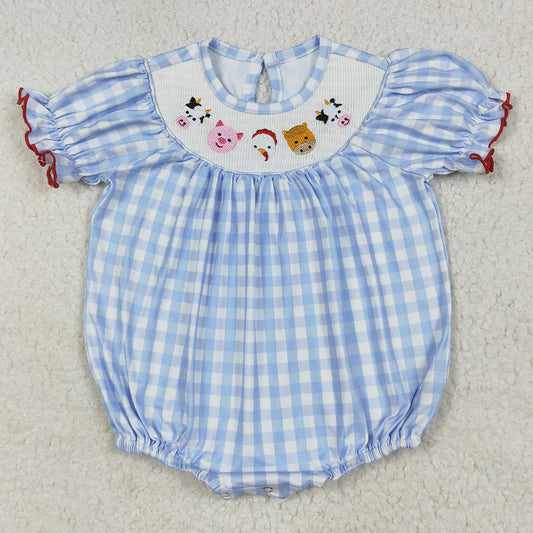 Baby Infant Girls Rompers Blue Plaid Cows Pigs Farm Smocked Rompers SR2981 6.24