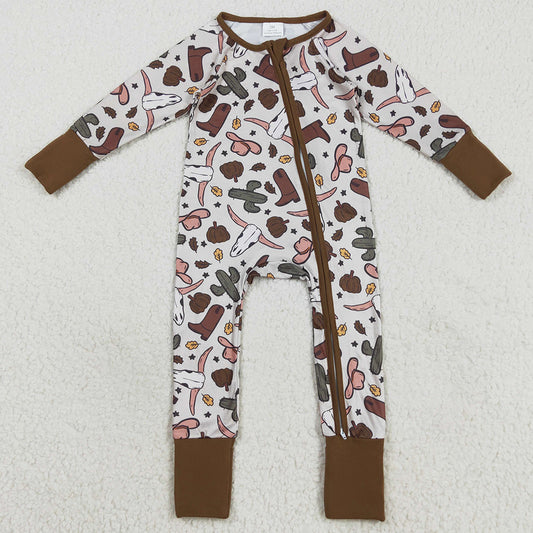 Baby Boys Rompers Western Brown Long Sleeves Bull Skull Cactus Zipper Rompers LR2334 8.6