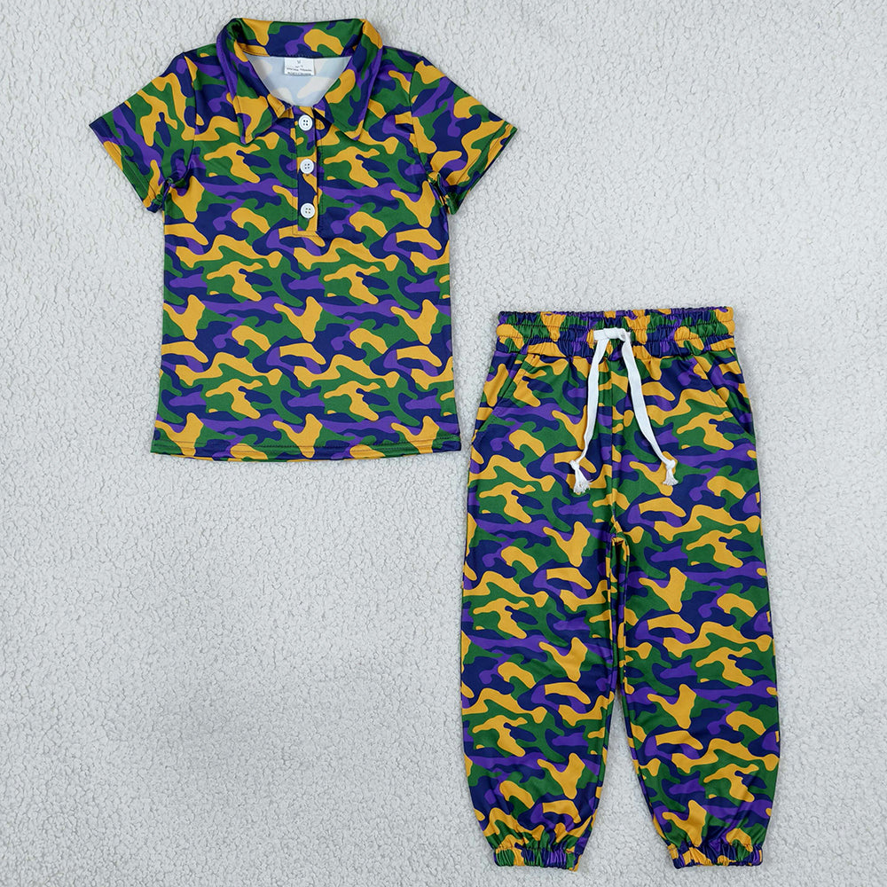 Baby Boys Clothes Mardigras Camo Button Polo Shirts Top Pockets Joggers Clothes Set BSPO0721