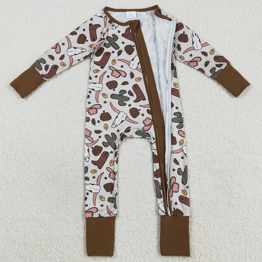 Baby Boys Rompers Western Brown Long Sleeves Bull Skull Cactus Zipper Rompers LR2334 8.6