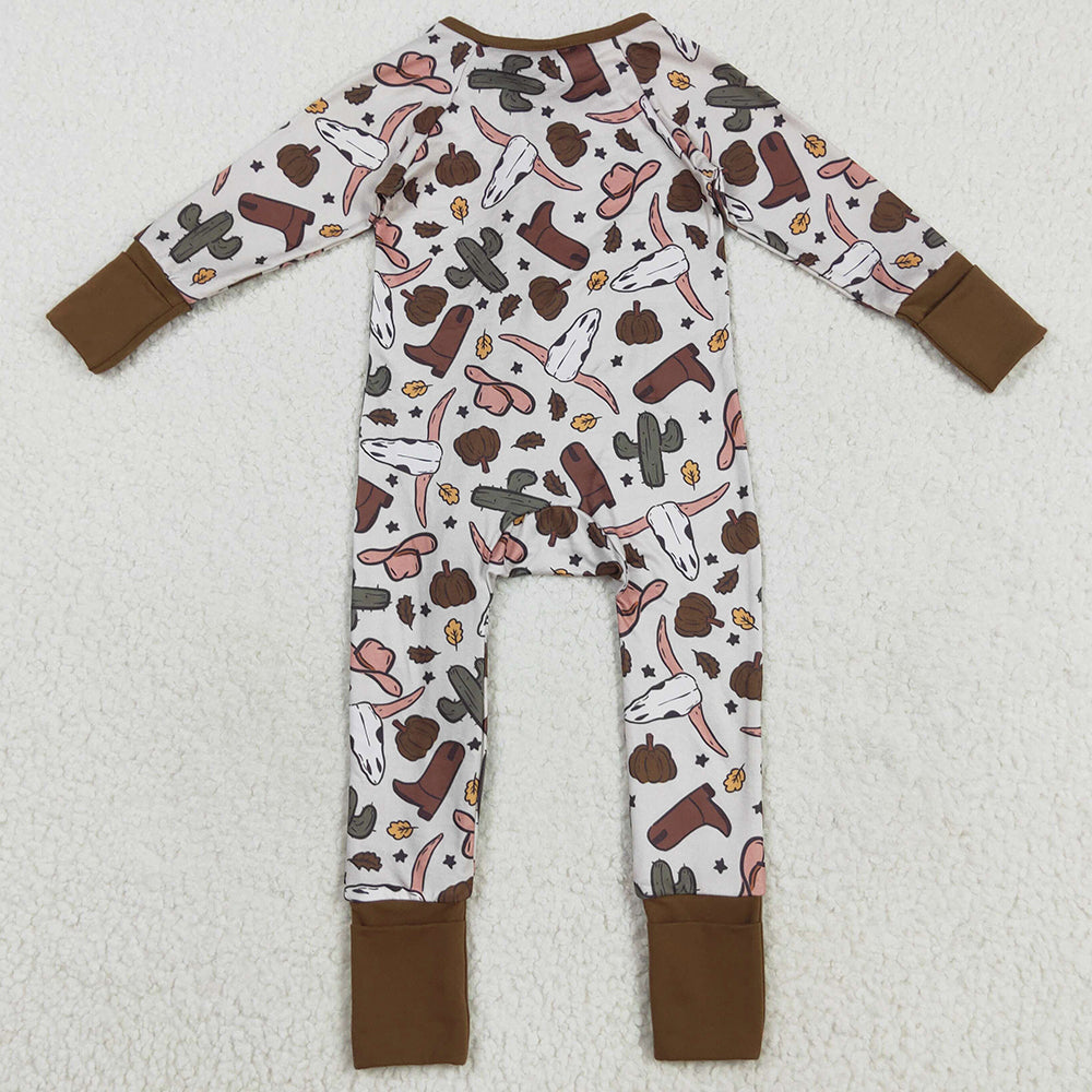 Baby Boys Rompers Western Brown Long Sleeves Bull Skull Cactus Zipper Rompers LR2334 8.6