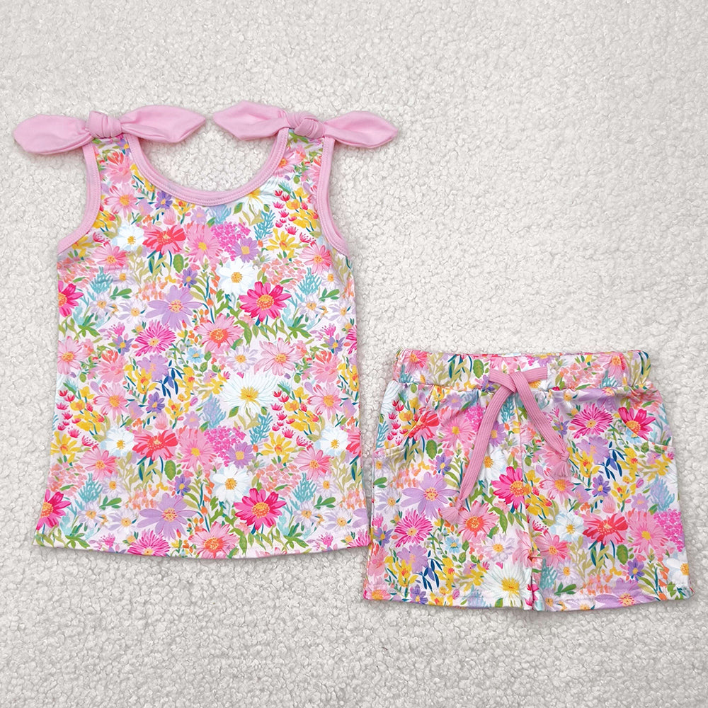 Baby Girls Clothes Pink Bows Strap Floral Top Pockets Short Set GSSO2551 4.29