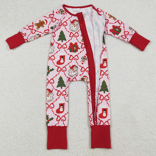 Baby Girls Rompers Red Bows Santa Gifts Checked Christmas Zipper Footie Rompers LR2632 10.2