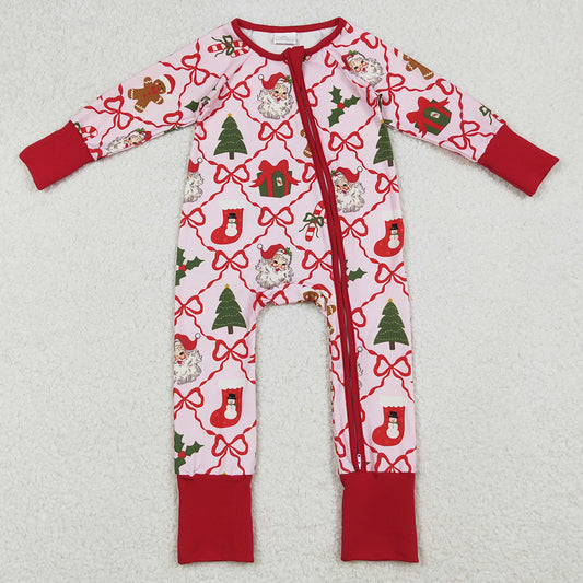 Baby Girls Rompers Red Bows Santa Gifts Checked Christmas Zipper Footie Rompers LR2632 10.2