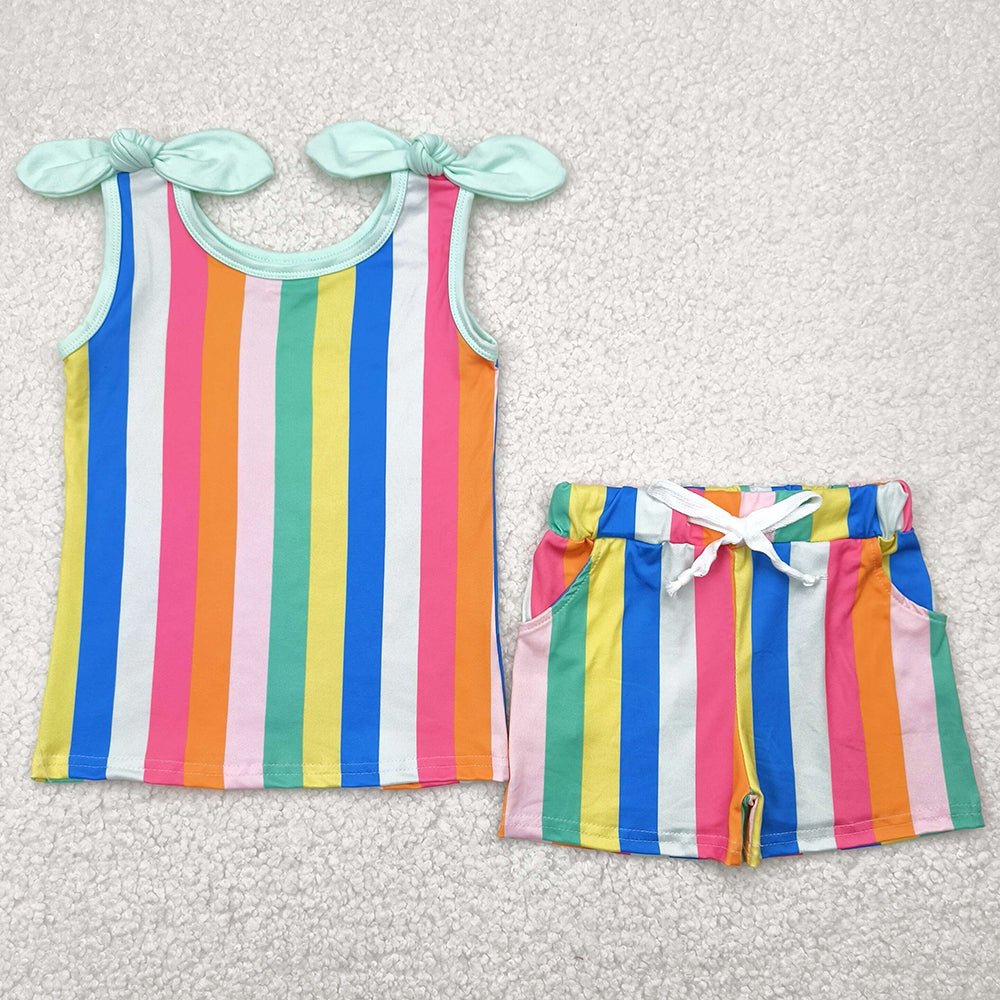 Baby Girls Clothes Sleeveless Colorful Stripe Top Pockets Shorts Sets GSSO2540 4.29