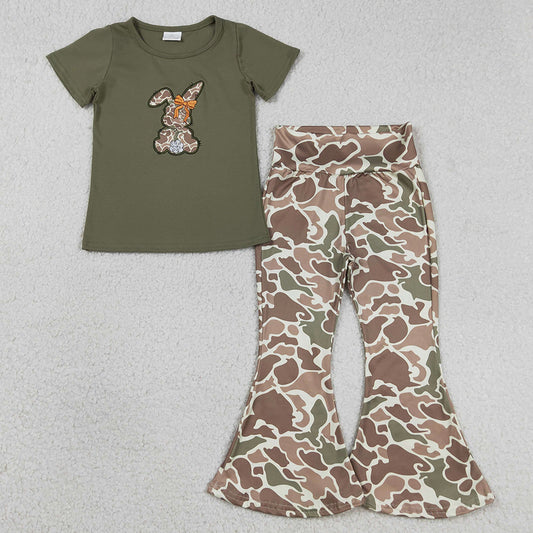 Baby Girls Clothes Embroidery Camo Rabbit Shirt Top Bell Bottom Pants Easter Clothes Sets GSPO2110