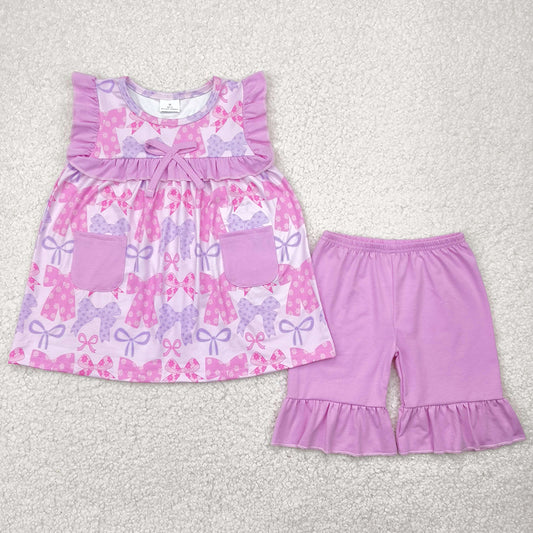 Baby Girls Clothes Lavender Bows Pockets Tunic Tops Ruffle Shorts Sets GSSO2462 4.29
