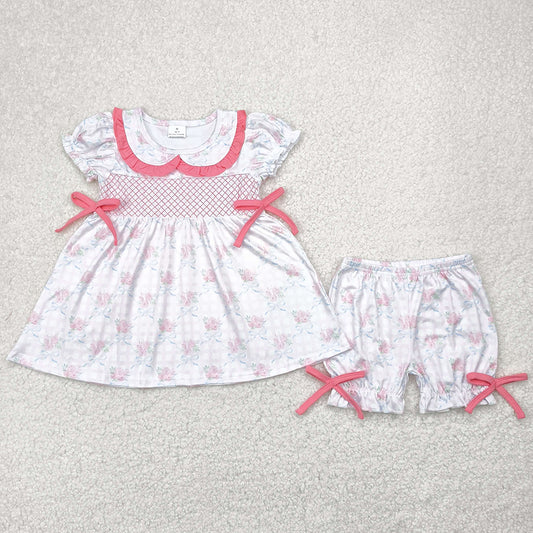 Baby Girls Clothes Pink Short Sleeves Floral Bows Tunic Ruffle Shorts Sets GSSO2368 5.1