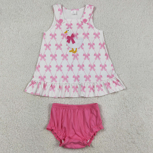 Baby Girls Clothes Embroidery Goose Pink Bow Plaid Tunic Bummies Clothes Sets GBO0505