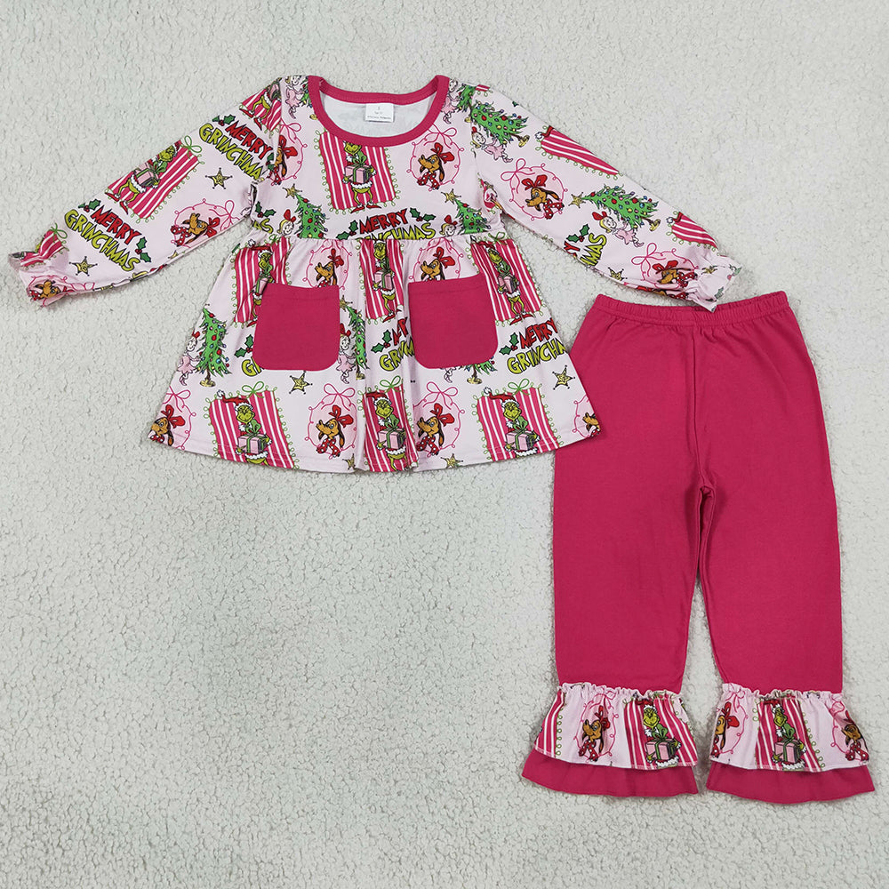 Baby Girls Clothes Green Frogs Pockets Tunic Ruffle Pant Merry Christmas Clothes Set GLP3461