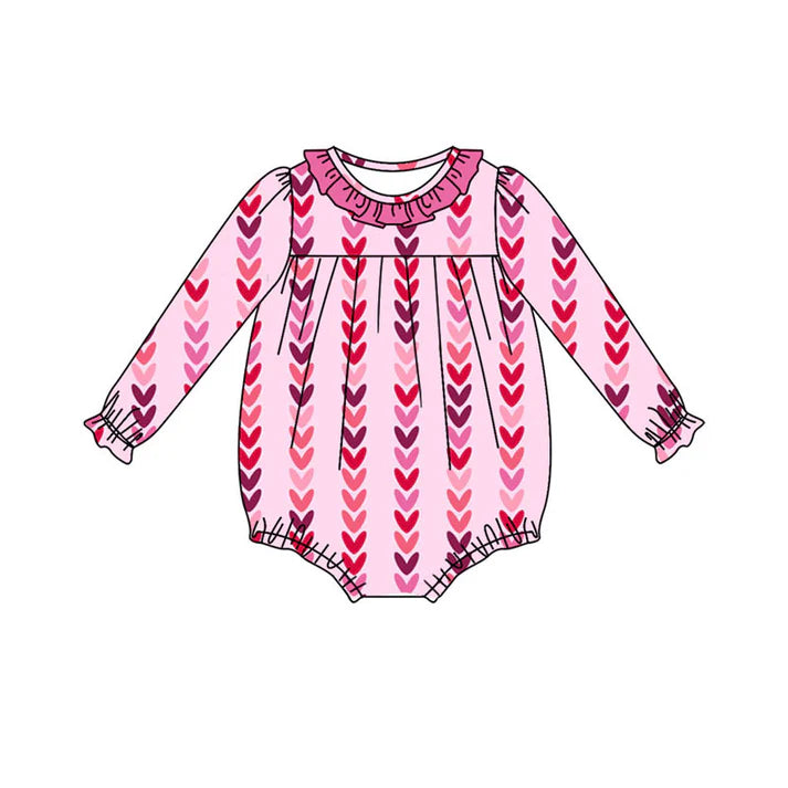 Preorder (moq 8)Baby Girls Long Ruffle Sleeve Hearts Stripe Valentine Rompers 9.19