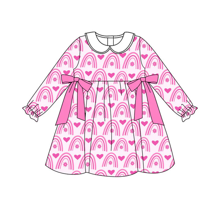 Preorder (moq 8)Baby Girls Pink Rainbows Hearts Bows Valentine Knee Length Dresses 9.15