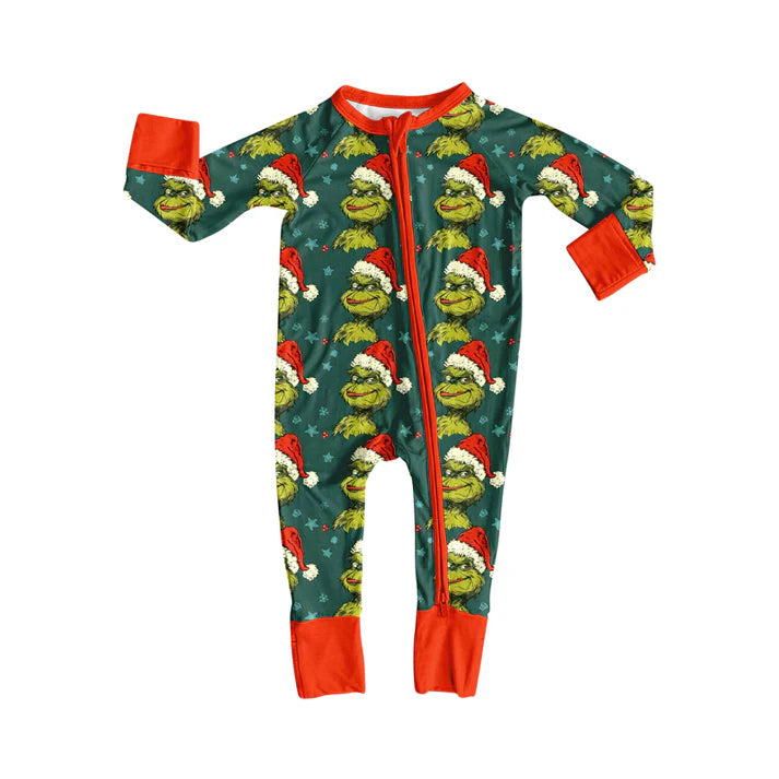 Preorder(moq 5)Baby Boys Green Face Stars Stripe Christmas Zipper Footie Rompers 8.15