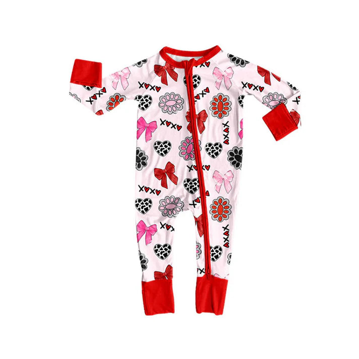 Preorder (moq 5)Baby Girls Bows Turquoises XOXO Hearts Valentine Zipper Footie Rompers 9.3