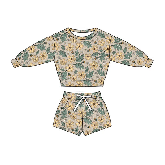 Preorder(moq 5) Baby Girls Daisy Flowers Long Sleeve Pockets Shorts Clothes Sets 10.27