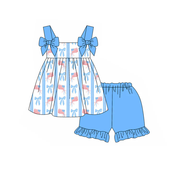 Preorder moq 5 Baby Girls Blue Strap Bows Flags Tunic Ruffle Short 4th Of July Set 4.23