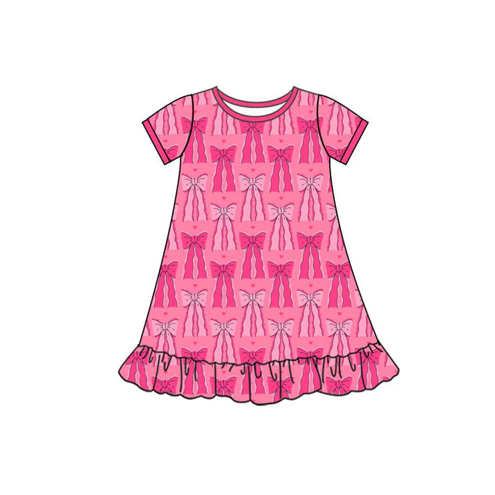 Preorder(moq 5) Baby Girls Short Sleeve Hot Pink Hearts Bows Valentine Ruffle Knee Length Dresses 10.10