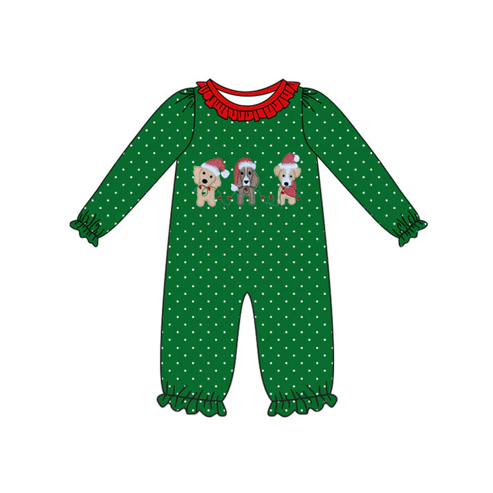 Preorder(moq 5)Baby Infant Girls Green Polka Dots Dogs Ruffle Pants Christmas Rompers 7.30