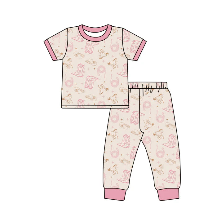 Preorder (moq 5)Baby Girls Pink Short Sleeves Horse Boots Top Pant Pajamas Set 6.2
