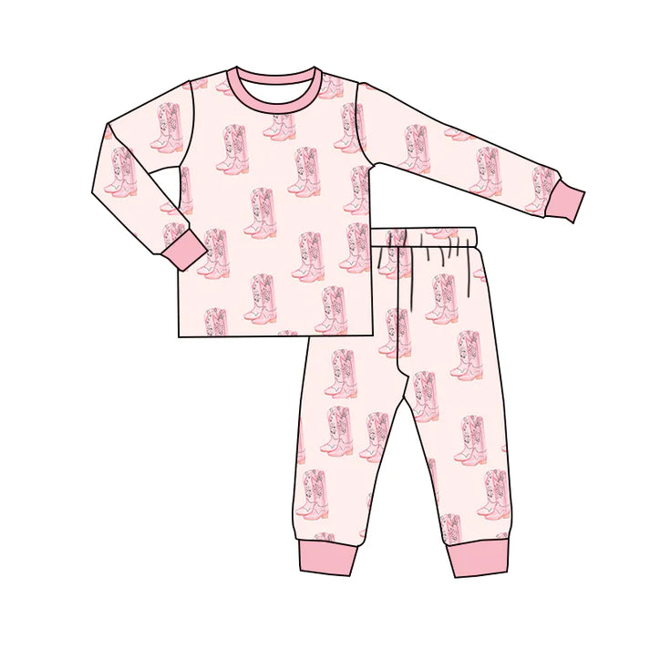 Preorder (moq 5)Baby Girls Flower Boots Plaid Top Pants Western Pajamas Sets 11.26