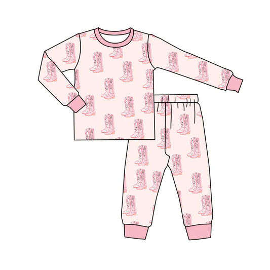 Preorder (moq 5)Baby Girls Flower Boots Plaid Top Pants Western Pajamas Sets 11.26