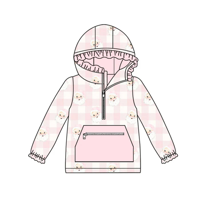 Preorder (moq 8)Baby Girls Pink Checked Santa Pocket Zipper Christmas Ruffle Hoodies Top 9.23