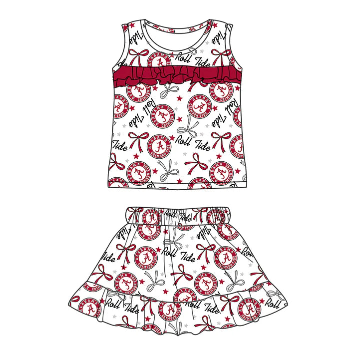 Preorder (moq 5)Baby Girls Sleeveless Red A Roll Tide Bows Stars Top Ruffle Skorts Team Set 6.16