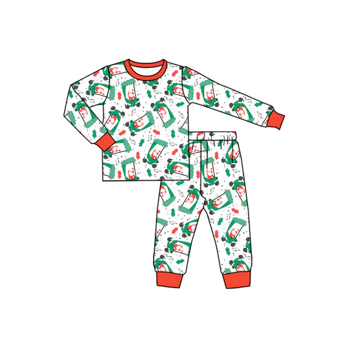 Preorder (moq 5)Baby Boys Long Sleeves Santa Golf Trucks Plaid Top Pant Pajamas Set 7.1
